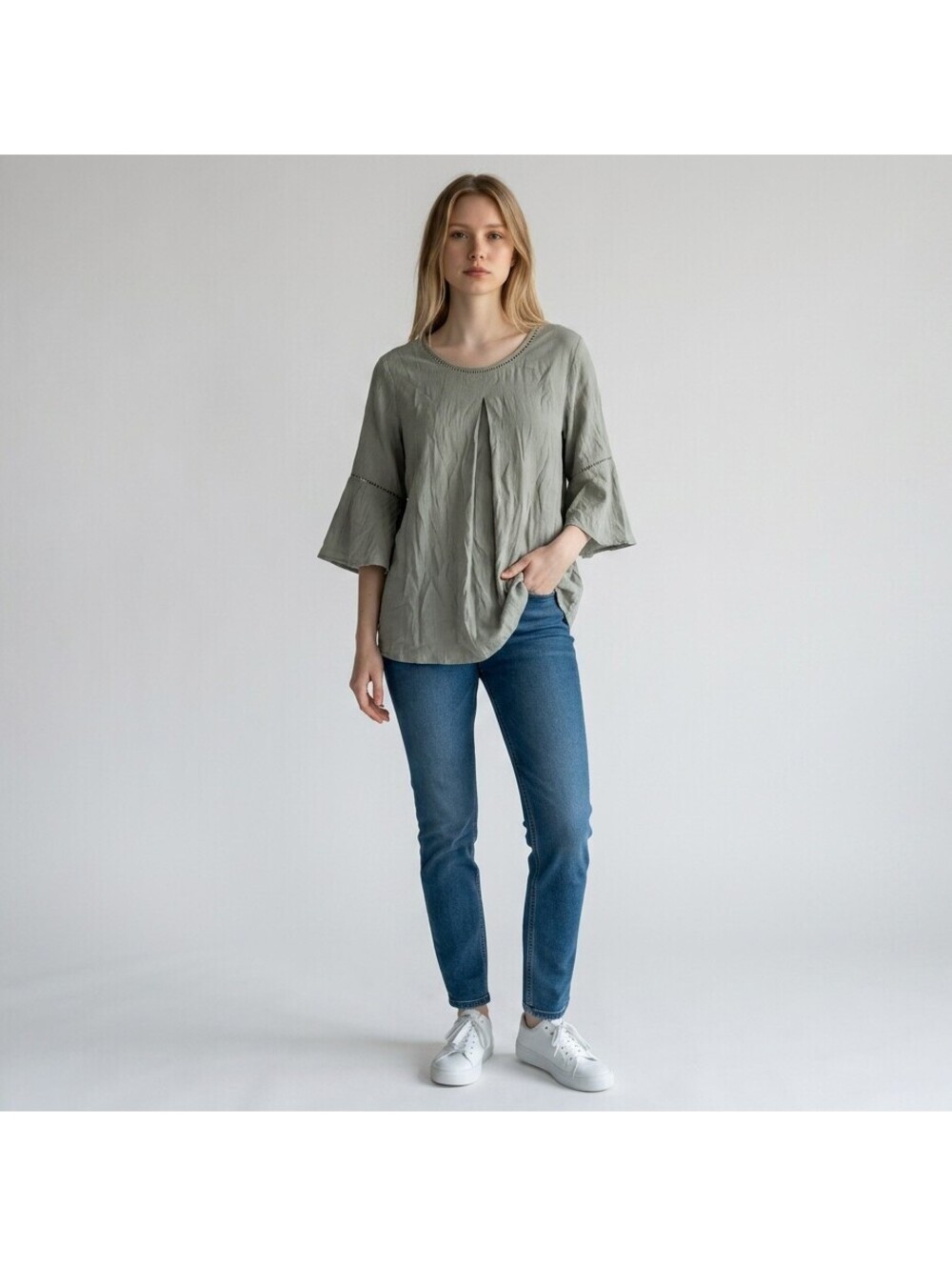 Forgotten Grace Blouse Women L Large Gray 3/4 Sleeve Rayon Casual Pullover